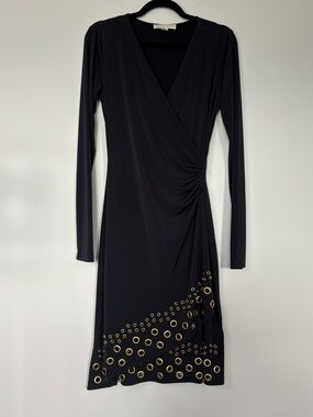 Micheal Kors Navy Blue/Black Long Sleeve Wrap Gormmet Dress Size M Ruched